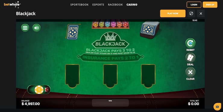 An image from BetWhale showing Blackjack play at an online site.